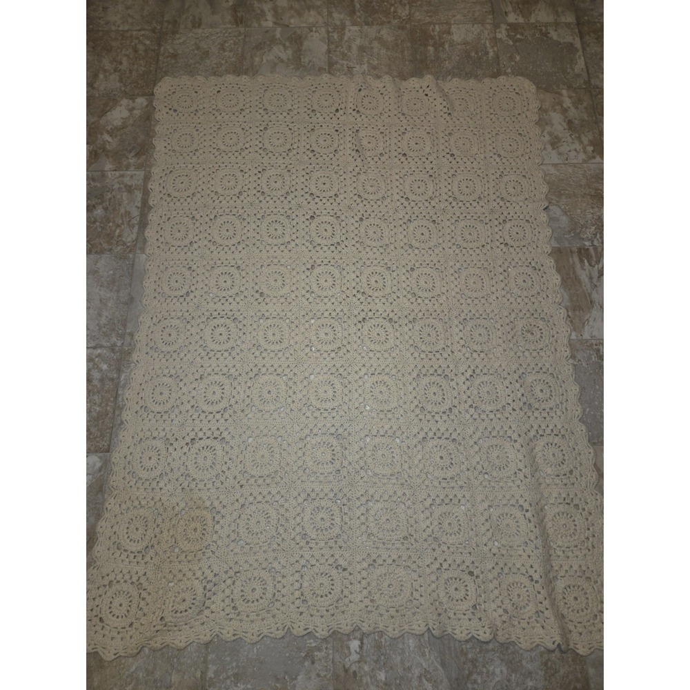Vintage Ivory Crocheted Blanket Or Tablecloth 65in x 54in